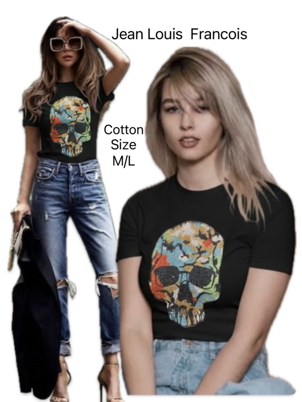 JEAN LOUIS FRANCOIS Paris Multi-Color Rhinestone Skull Tee - Like New